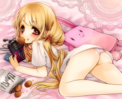 Rule 34 | 10s, 1girl, ass, blonde hair, blush, brown eyes, digital media player, earphones, eating, food, food on face, futaba anzu, handheld game console, holding, idolmaster, idolmaster cinderella girls, looking at viewer, lying, mouth hold, nintendo 3ds, panties, patatata, pink panties, revision, senbei, solo, stuffed animal, stuffed rabbit, stuffed toy, translated, twintails, underwear, wedgie