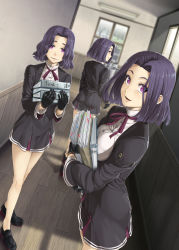 Rule 34 | 10s, 3girls, alternate hairstyle, binder, carrying, gloves, ifuji shinsen, kantai collection, looking at viewer, looking back, mole, mole under eye, mole under mouth, multiple girls, multiple persona, no headwear, papers, parted lips, purple eyes, purple hair, ribbon, short hair, tatsuta (kancolle), wavy hair