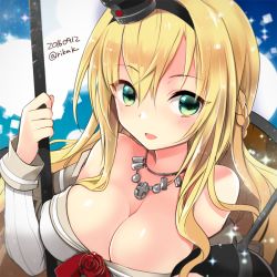 Rule 34 | 1girl, bare shoulders, blonde hair, braid, breasts, cleavage, crown, dated, dress, flower, french braid, globus cruciger, green eyes, kamiyoshi rika, kantai collection, large breasts, long hair, long sleeves, looking at viewer, mini crown, off-shoulder dress, off shoulder, red flower, red ribbon, red rose, ribbon, rose, scepter, solo, twitter username, upper body, warspite (kancolle), white dress