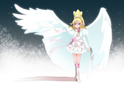 Rule 34 | 1girl, aida mana, asymmetrical wings, blonde hair, boots, bow, brooch, cape, capelet, cure heart, cure heart (parthenon mode), de (deys), dokidoki! precure, dress, engage mode (dokidoki! precure), hair between eyes, half updo, heart, heart brooch, heart print, high ponytail, highres, jewelry, large wings, long hair, looking at viewer, magical girl, outstretched arm, pink bow, pink eyes, ponytail, precure, smile, solo, sparkle, strapless, strapless dress, white dress, white legwear, white wings, wing brooch, wings
