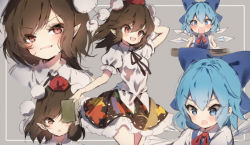 Rule 34 | 2girls, arm behind head, black hair, black ribbon, black skirt, blue eyes, blue hair, cirno, collared shirt, cropped torso, grey background, hat, holding, holding notebook, leaf print, looking at viewer, maple leaf print, multiple girls, neck ribbon, notebook, open mouth, piyokichi, pointy ears, pom pom (clothes), puffy short sleeves, puffy sleeves, red eyes, red headwear, red ribbon, ribbon, shameimaru aya, shirt, short hair, short sleeves, skirt, smile, standing, tokin hat, touhou, v-shaped eyebrows, white shirt