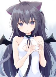 Rule 34 | 1girl, animal ears, bare arms, bare shoulders, black hair, black wings, blush, breasts, cat ears, cat girl, cat tail, cleavage cutout, closed mouth, clothing cutout, commentary request, dress, hair between eyes, hands up, heart, heart hands, highres, kyuukon (qkonsan), leash, long hair, mini wings, original, purple eyes, sleeveless, sleeveless dress, small breasts, solo, tail, upper body, very long hair, white dress, wings