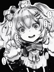 Rule 34 | 1girl, :d, akai haato, bad id, bad pixiv id, bow, bowtie, brooch, chibi, chibi on head, crazy eyes, crazy smile, dark persona, dress, dual persona, greyscale, hair ornament, hairclip, hands up, head tilt, highres, hololive, horror (theme), jewelry, long sleeves, looking at viewer, monochrome, nanashi (nlo), on head, open mouth, ringed eyes, smile, solo, two side up, virtual youtuber, wide-eyed, x hair ornament