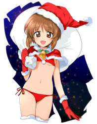 Rule 34 | 10s, 1girl, bad id, bad pixiv id, bag, bell, bikini, blush, boots, brown eyes, brown hair, capelet, carrying, carrying over shoulder, christmas, collar, cowboy shot, daitabashi kinu, girls und panzer, gloves, hat, looking at viewer, neck bell, nishizumi miho, open mouth, oversized object, red bikini, santa hat, short hair, side-tie bikini bottom, smile, solo, swimsuit, thigh boots, thighhighs