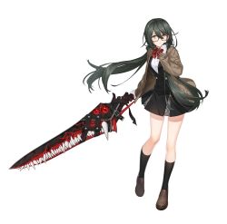 Rule 34 | 1girl, absurdres, black-framed eyewear, black dress, black socks, blood on gloves, blush, bow, bowtie, brown footwear, brown jacket, counter:side, dark green hair, dress, eyeball, furrowed brow, glasses, gloves, greatsword, highres, holding, holding hair, holding sword, holding weapon, huge weapon, jacket, kneehighs, leg up, leon (counter:side), loafers, long hair, looking at viewer, low twintails, official art, open clothes, open jacket, parted lips, pinafore dress, plaid, plaid dress, school uniform, sharp teeth, shirt, shoes, short dress, sleeveless, sleeveless dress, socks, standing, striped bow, striped bowtie, striped clothes, sweater jacket, sword, tachi-e, teeth, transparent background, twintails, very long hair, weapon, white gloves, white shirt, yellow eyes, zipper