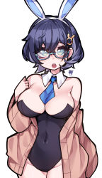 Rule 34 | 1girl, :o, absurdres, alternate costume, animal ears, bad id, bad pixiv id, bare shoulders, between breasts, black leotard, blue archive, blue hair, blue necktie, breasts, chihiro (blue archive), cleavage, collarbone, commentary request, covered navel, cowboy shot, fake animal ears, glasses, green eyes, hair behind ear, hair between eyes, hand up, highleg, highleg leotard, highres, large breasts, leotard, long sleeves, looking at viewer, necktie, necktie between breasts, off shoulder, open mouth, paaran, playboy bunny, shiny skin, simple background, solo, strapless, strapless leotard, teeth, thick eyelashes, upper teeth only, white background, wide sleeves
