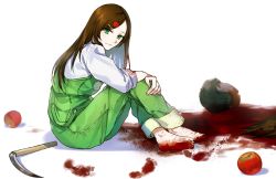 Rule 34 | 1girl, apple, barefoot, blood, blood in hair, blood on clothes, blood on feet, brown hair, dungarees, elysion, food, fruit, full body, gijang, green eyes, hair ornament, hairclip, long hair, looking at viewer, overalls, severed head, sickle, sound horizon, yield