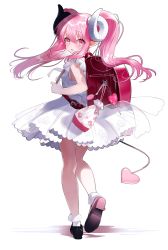 Rule 34 | 1girl, absurdres, aged down, backpack, bag, black footwear, blush, bobby socks, candy, commentary, demon girl, demon horns, demon tail, dress, fang, food, frilled dress, frills, full body, heart, heel up, highres, horns, lollipop, long hair, looking at viewer, original, parted lips, pink eyes, pink hair, pointy ears, pomu (pomu me), randoseru, shadow, shoes, short dress, simple background, skin fang, sleeveless, sleeveless dress, smile, socks, solo, standing, tail, twintails, virgin bitch gal, white background, white dress, white socks