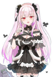 Rule 34 | :d, = =, alternate breast size, black dress, blush, breasts, cleavage, closed eyes, cowboy shot, double bun, dreaming, dress, earrings, garter straps, green hair, hair bun, hand up, head tilt, highres, hololive, jewelry, large breasts, long hair, looking at viewer, multiple views, open mouth, pink hair, red eyes, saliva, short dress, simple background, skull earrings, smile, solo focus, standing, thighhighs, two side up, unname, uruha rushia, uruha rushia (3rd costume), very long hair, virtual youtuber, white background, white legwear