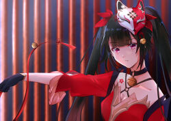 Rule 34 | 1girl, bare shoulders, bell, black choker, black gloves, black hair, bow, breasts, brown hair, chest tattoo, choker, cleavage, collarbone, commentary request, detached sleeves, dress, flower tattoo, fox mask, gloves, gradient hair, hair bow, honkai: star rail, honkai (series), is (aisu), koutetsujou no kabaneri, long hair, long sleeves, looking at viewer, mask, mask on head, multicolored hair, neck bell, pink eyes, red bow, red dress, red sleeves, revision, scene reference, sleeveless, sleeveless dress, solo, sparkle (honkai: star rail), tattoo, twintails, very long hair