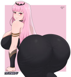 Rule 34 | 1girl, arm support, ass, bare shoulders, black dress, blush, breasts, crown, dress, highres, hololive, hololive english, huge ass, large breasts, long hair, looking at viewer, looking back, mori calliope, pink eyes, pink hair, sideboob, smile, truewaifu, veil, virtual youtuber