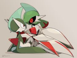 Rule 34 | a-nya, artist name, creatures (company), gallade, game freak, gen 4 pokemon, grey background, holding, holding weapon, iron valiant, multicolored armor, nintendo, on floor, pokemon, pokemon (creature), red eyes, robot, simple background, sweatdrop, twintails, waist cape, weapon