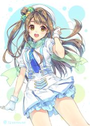 Rule 34 | 10s, 1girl, bad id, bad twitter id, bow, brown eyes, brown hair, gloves, hair bow, hair ornament, hairclip, hat, long hair, looking at viewer, love live!, love live! school idol project, minami kotori, natsu natsuna, necktie, open mouth, scarf, side ponytail, smile, solo, standing, twitter username, white background, white gloves, wonderful rush