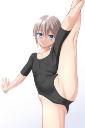 Rule 34 | 1girl, absurdres, against wall, athletic leotard, ballet, black leotard, blue eyes, breasts, cameltoe, commentary request, cowboy shot, flat chest, grey hair, highres, leotard, looking at viewer, original, parted lips, ribs, short hair, short sleeves, simple background, small breasts, solo, split, standing, standing on one leg, standing split, takafumi, variant set, white background