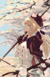Rule 34 | 1girl, 7ife, absurdres, artoria caster (fate), artoria caster (second ascension) (fate), artoria pendragon (fate), bad id, bad pixiv id, blonde hair, blue hat, bow, breasts, cape, capelet, cherry blossoms, cloak, commentary request, day, dress, expressionless, fate/grand order, fate (series), gloves, green eyes, hair between eyes, hat, highres, holding, holding staff, huge filesize, long hair, long sleeves, looking ahead, outdoors, parted lips, petals, solo, staff, twintails, upper body