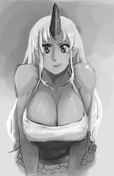 Rule 34 | 10s, 1girl, bad deviantart id, bad id, bankage, bare shoulders, breasts, breasts squeezed together, cleavage, dark-skinned female, dark skin, greyscale, horns, huge breasts, leaning forward, long hair, looking at viewer, monochrome, monster girl, monster musume no iru nichijou, oni, pointy ears, single horn, skirt, smile, solo, spaghetti strap, tionishia, upper body