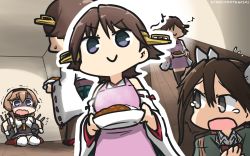 Rule 34 | 3girls, ahoge, bare shoulders, boots, braid, brown hair, chou-10cm-hou-chan (teruzuki&#039;s), commentary request, constricted pupils, corset, curry, curry rice, dated, detached sleeves, elbow gloves, flipped hair, food, gloves, green skirt, grey eyes, hair between eyes, hair flaps, hair ribbon, hairband, hamu koutarou, headband, headgear, hiei (kancolle), highres, japanese clothes, kantai collection, light brown hair, long hair, miniskirt, multiple girls, musical note, nontraditional miko, open mouth, plaid, ribbon, ribbon-trimmed sleeves, ribbon trim, rice, scared, school uniform, shaded face, short hair, single elbow glove, sitting, skirt, smile, smug, spoken musical note, teruzuki (kancolle), thigh boots, thighhighs, tone (kancolle), trembling, twin braids, twintails, white ribbon, wooden floor