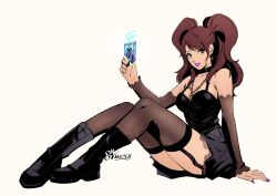 Rule 34 | 1girl, alternate costume, bare shoulders, black choker, black dress, black footwear, boots, brown eyes, brown hair, card, chain, chain necklace, choker, commentary, detached sleeves, dress, eightyfourart, english commentary, eyelashes, full body, garter belt, highres, holding, holding card, jewelry, kujikawa rise, long hair, necklace, parted lips, persona, persona 4, pink lips, pink nails, simple background, sitting, sleeveless, sleeveless dress, smile, solo, tarot, thighhighs, twintails, white background