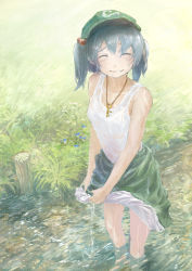 Rule 34 | 1girl, ^ ^, bare shoulders, blue hair, closed eyes, closed eyes, hair bobbles, hair ornament, hat, highres, jewelry, kawashiro nitori, key, necklace, short hair, short twintails, skirt, smile, solo, tank top, touhou, twintails, two side up, wading, wringing clothes, wringing skirt, you (shimizu)