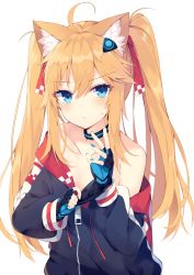 Rule 34 | 1girl, ahoge, animal ear fluff, animal ears, bare shoulders, black gloves, black jacket, blonde hair, blue eyes, blue nails, blush, cat ears, choker, closed mouth, collarbone, commentary request, fingerless gloves, flat chest, frown, gloves, hair between eyes, hair ornament, hair ribbon, highres, jacket, long hair, long sleeves, looking at viewer, nail polish, nibiiro shizuka, off shoulder, original, puffy sleeves, red ribbon, ribbon, simple background, solo, sweat, twintails, upper body, v-shaped eyebrows, white background, zipper pull tab