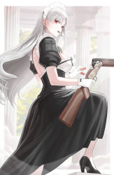Rule 34 | 1girl, black dress, black footwear, break action, breasts, dress, earrings, from side, gloves, grey hair, gun, high heels, highres, holding, holding gun, holding weapon, jewelry, kfr, large breasts, leg up, long hair, looking at viewer, looking to the side, maid, maid headdress, original, pillar, puffy short sleeves, puffy sleeves, red eyes, short sleeves, sideboob, smoking, solo, standing, v-shaped eyebrows, very long hair, weapon, weapon request, white gloves
