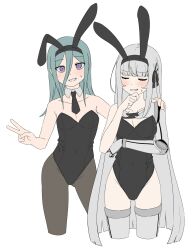 Rule 34 | 2girls, animal ears, bare arms, bare shoulders, black hairband, black leotard, black necktie, blush, breasts, brown pantyhose, collar, collarbone, covered navel, cropped legs, detached collar, fake animal ears, green hair, grey collar, grey hair, groin, hair between eyes, hairband, hand on another&#039;s shoulder, highres, leotard, long hair, multiple girls, necktie, original, pantyhose, paravene, playboy bunny, prosthesis, prosthetic arm, purple eyes, rabbit ears, simple background, small breasts, smile, strapless, strapless leotard, sweat, very long hair, white background, wing collar