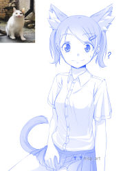 Rule 34 | 1girl, ?, absurdres, animal ear fluff, animal ears, artist logo, artist name, buttons, cat, cat ears, cat tail, collared shirt, commentary, cowboy shot, hair ornament, hairclip, highres, looking at viewer, meme, miniskirt, nisp art, original, pen (medium), pleated skirt, reference inset, russian commentary, sanpaku, shirt, shirt tucked in, short sleeves, sketch, skirt, smile, solo, sweatdrop, swept bangs, tail, twintails, white shirt