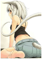 Rule 34 | 1girl, alternate costume, animal ears, bad feet, blush, brown eyes, casual, clothing cutout, female focus, from behind, highres, looking at viewer, looking back, mouse ears, mouse tail, nazrin, open mouth, short hair, shorts, sitting, solo, tail, tail through clothes, touhou, wariza, white hair, yudepii