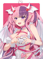 Rule 34 | 1girl, ahoge, bell, belt, black nails, blush, breasts, chest belt, choker, demon girl, demon horns, demon tail, demon wings, dress, fang, hair ornament, head wings, heart, heart ahoge, heart hair ornament, heart hands, highres, horns, ironmouse, ironmouse (demon form), jingle bell, large breasts, long hair, multicolored hair, nail polish, o-ring, o-ring choker, open mouth, pink belt, pink choker, pink hair, pink skirt, pointy ears, purple eyes, purple hair, skirt, smile, solo, streaked hair, tail, teeth, twintails, upper teeth only, virtual youtuber, vshojo, white dress, white wrist cuffs, wings, wrist cuffs, yoshi yubisashi
