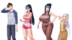 Rule 34 | 1boy, 3girls, :d, armlet, armpit hair, armpits, arms behind head, bare shoulders, black hair, blue eyes, blunt bangs, blush, breasts, brown hair, bulge, covering privates, covering breasts, denim, hair bun, hand on own hip, highres, jeans, jewelry, kmvt, large breasts, long hair, looking at viewer, mature female, midriff, mole, mole under eye, multiple girls, navel, open mouth, original, pants, parted lips, ponytail, purple eyes, ring, shorts, simple background, single hair bun, sleeveless, smile, sweatdrop, sweater, tank top, wedding ring, white background, white hair