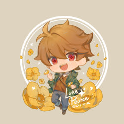 Rule 34 | 1boy, :d, blue pants, brown background, brown eyes, brown hair, character name, chibi, cwilocky, flower, full body, green jacket, jacket, jewelry, key, long sleeves, looking at viewer, luke pearce (tears of themis), necklace, open mouth, pants, shirt, short hair, simple background, smile, solo, tears of themis, yellow flower, yellow shirt