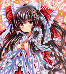 Rule 34 | 1girl, bow, brown eyes, brown hair, cherry blossom print, embellished costume, floral print, flower, frilled hair tubes, frilled shirt collar, frills, gohei, hair bow, hair ornament, hair tubes, hakurei reimu, holding, holding gohei, long hair, long sleeves, looking at viewer, marker (medium), parted lips, pink flower, red bow, red ribbon, ribbon, ribbon-trimmed sleeves, ribbon trim, rui (sugar3), sample watermark, solo, touhou, traditional media, upper body, watermark, white bow, white sleeves, wide sleeves