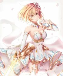Rule 34 | 1girl, aidesa, bad id, bad pixiv id, blonde hair, breasts, choker, cleavage, collarbone, cowboy shot, detached sleeves, djeeta (granblue fantasy), dress, floating hair, glorybringer (granblue fantasy), granblue fantasy, hair between eyes, hair ornament, highres, holding, holding sword, holding weapon, jewelry, ring, short dress, short hair, simple background, sleeveless, sleeveless dress, smile, solo, standing, striped clothes, striped dress, sword, thighhighs, weapon, white background, white dress, white thighhighs, yellow eyes