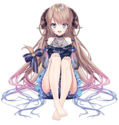 Rule 34 | 1girl, animal ears, bare shoulders, barefoot, blue bow, blue dress, blue eyes, blue hair, blush, bow, braid, brown hair, collarbone, curled horns, dress, full body, gradient hair, hair between eyes, hair bow, highres, horns, indie virtual youtuber, legs, long braid, long hair, long sleeves, braided hair rings, multicolored hair, nanase subaru, nanase subaru (channel), off shoulder, official art, open mouth, pink hair, round teeth, see-through, see-through sleeves, simple background, sitting, smile, solo, tail, tail bow, tail ornament, teeth, thighs, twin braids, very long hair, virtual youtuber, white background, yellow bow, yuya (night lily)