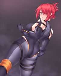 Rule 34 | 1girl, absurdres, ass, blush, bodysuit, breasts, character request, green eyes, hair over one eye, highres, large breasts, legs, looking at viewer, looking back, parted lips, red hair, seductive gaze, sideboob, thick thighs, thighs
