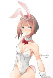 Rule 34 | 1girl, animal ears, ark royal (kancolle), blue eyes, blunt bangs, bob cut, bow, bowtie, breasts, cleavage, covered navel, cowboy shot, detached collar, fake animal ears, flower, gloves, hairband, kantai collection, leotard, playboy bunny, rabbit ears, rabbit tail, raymie0124, red bow, red bowtie, red hair, rose, short hair, simple background, small breasts, solo, strapless, strapless leotard, tail, tiara, twitter username, white background, white gloves, white leotard