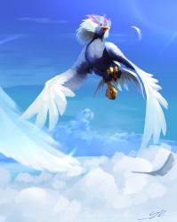 Rule 34 | above clouds, absurdres, bird, blurry, cloud, commentary, creatures (company), day, feathers, game freak, highres, hisuian braviary, hisuian form, likey, nintendo, no humans, open mouth, outdoors, pokemon, pokemon (creature), signature, sky, solo, talons, tongue