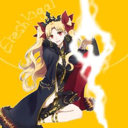 Rule 34 | 1girl, :d, armored boots, asymmetrical footwear, asymmetrical legwear, asymmetrical sleeves, black cape, black dress, black footwear, black nails, black thighhighs, blonde hair, blush, boots, bow, breasts, cape, character name, dress, earrings, ereshkigal (fate), fate/grand order, fate (series), fingernails, fur-trimmed cape, fur trim, glowing, hair bow, head tilt, highres, infinity symbol, jewelry, long hair, long sleeves, medium breasts, multicolored cape, multicolored clothes, nail polish, open mouth, orange background, parted bangs, red bow, red cape, red eyes, round teeth, rui (rui draw), single sleeve, single thigh boot, skull, smile, solo, spine, teeth, thigh boots, thighhighs, tiara, two side up, uneven footwear, uneven legwear, uneven sleeves, upper teeth only, very long hair