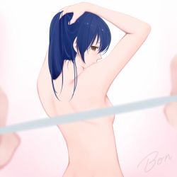 Rule 34 | 10s, 1girl, artist name, back, bare back, blue hair, bon nob, breasts, commentary request, completely nude, convenient censoring, from behind, hair between eyes, hand in own hair, holding, long hair, looking at viewer, love live!, love live! school idol project, nape, nude, pov, sideboob, simple background, small breasts, solo focus, sonoda umi, standing, upper body, yellow eyes