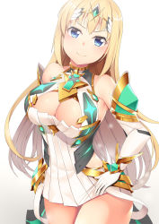 Rule 34 | 1girl, bare shoulders, bismarck (kancolle), blonde hair, blue eyes, blush, breasts, cleavage, commentary request, cosplay, cowboy shot, dress, elbow gloves, gem, gloves, hand on own hip, highres, jewelry, kantai collection, large breasts, long hair, looking at viewer, mythra (xenoblade), mythra (xenoblade) (cosplay), simple background, smile, solo, white background, xenoblade chronicles (series), xenoblade chronicles 2, yasume yukito