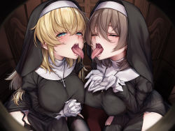 Rule 34 | 2girls, black dress, black thighhighs, blonde hair, breasts, brown hair, closed eyes, confessional, cross, cross necklace, cupping hands, dress, garter straps, green eyes, habit, hair between eyes, half-closed eyes, jewelry, kurofude anna, large breasts, looking at viewer, multiple girls, necklace, nun, open mouth, original, own hands clasped, own hands together, saliva, thighhighs, thighs, tongue, tongue out, waiting for cum