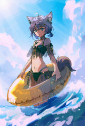 Rule 34 | 1girl, ahoge, animal ears, arknights, bikini, black bikini, blue eyes, brown hair, commentary, female focus, flat chest, fox ears, fox girl, fox tail, guagua shijie, hair between eyes, hair ornament, hairclip, headphones, innertube, looking at viewer, material growth, navel, official alternate costume, oripathy lesion (arknights), short hair, short twintails, solo, stomach, sussurro (arknights), sussurro (summer flower) (arknights), swim ring, swimsuit, tail, twintails, wading, water, wristband
