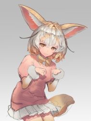 Rule 34 | 10s, 1girl, animal ears, blonde hair, bow, bowtie, brown eyes, cowboy shot, fennec (kemono friends), fox ears, fox tail, gradient background, kawahara ryuuta, kemono friends, looking at viewer, multicolored hair, pink sweater, puffy short sleeves, puffy sleeves, short hair, short sleeves, silver hair, simple background, skirt, smile, solo, sweater, tail, two-tone hair, white skirt, yellow bow, yellow bowtie