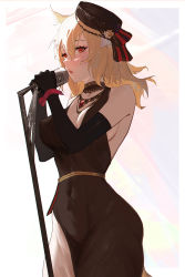 Rule 34 | 1girl, absurdres, arknights, bare shoulders, black choker, black dress, black gloves, black hat, blonde hair, blush, breasts, choker, cleavage, covered navel, cowboy shot, dress, elbow gloves, gloves, hat, highres, jewelry, large breasts, long hair, looking at another, microphone, microphone stand, music, necklace, official alternate costume, orange eyes, parted lips, pelvic curtain, red ribbon, ribbon, sawaki ken, singing, sleeveless, sleeveless dress, solo, sora (arknights), sora (melodiosa) (arknights), tilted headwear, wrist ribbon