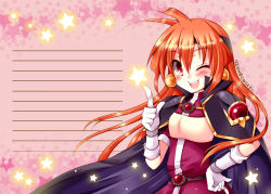 Rule 34 | 1girl, ;d, absurdres, ahoge, armor, cape, earrings, gem, hand on own hip, headband, highres, index finger raised, jewelry, lina inverse, long hair, matching hair/eyes, meiya neon, one eye closed, open mouth, orange eyes, orange hair, pauldrons, pink background, shoulder armor, slayers, smile, solo, star (symbol), starry background, wink