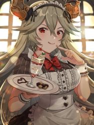 Rule 34 | 1girl, :p, alternate costume, apron, bad id, bad twitter id, bow, bowtie, cookie, draph, dress, enmaided, food, food on hand, granblue fantasy, grey hair, gyoju (only arme nim), highres, horns, long hair, looking at viewer, maid, maid apron, maid headdress, parfait, red eyes, short sleeves, solo, threo (granblue fantasy), tongue, tongue out, tray, wrist cuffs