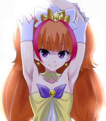Rule 34 | 1girl, amanogawa kirara, arm up, armpits, bad id, bad pixiv id, breasts, choker, cleavage, cure twinkle, earrings, go! princess precure, jewelry, looking at viewer, magical girl, multicolored hair, natsupa, orange hair, precure, purple eyes, red hair, simple background, small breasts, smile, solo, star (symbol), star earrings, twintails, two-tone hair