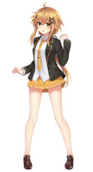 Rule 34 | 1girl, :o, black jacket, blazer, blush, brown eyes, brown footwear, character request, collared shirt, full body, hair between eyes, hair ornament, hairclip, highres, jacket, komori kuzuyu, light brown hair, loafers, long hair, long sleeves, looking at viewer, necktie, no socks, open clothes, open jacket, open mouth, orange necktie, orange skirt, original, pleated skirt, shirt, shoes, simple background, skirt, solo, standing, very long hair, white background, white shirt, x hair ornament