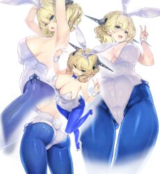 Rule 34 | 1girl, animal ears, armpits, arms up, ass, blonde hair, blue eyes, blue pantyhose, braid, breasts, cameltoe, colorado (kancolle), commentary request, crown braid, fake animal ears, fake tail, headgear, high heels, highleg, highleg leotard, kantai collection, kiyama satoshi, large breasts, leotard, looking at viewer, multiple views, pantyhose, playboy bunny, rabbit ears, rabbit tail, short hair, tail, v, white background, white footwear, white leotard, white wrist cuffs, wrist cuffs