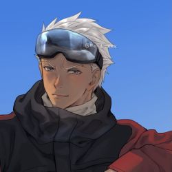 Rule 34 | 1boy, archer (fate), black jacket, close-up, dark-skinned male, dark skin, fate/grand order, fate/stay night, fate (series), goggles, goggles on head, grey eyes, jacket, male focus, mondi hl, multicolored clothes, multicolored jacket, red jacket, reflection, smile, smirk, solo, spiked hair, twitter username, two-tone jacket, white hair